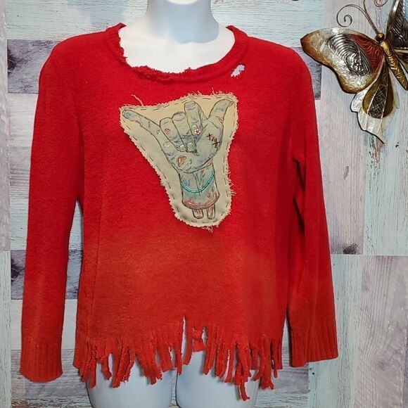 Upcycled Zombie Hand Red Sweater Ombre Hand Stitch Grafitti Fringe XXL 1023 - Picture 1 of 8